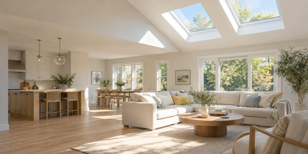 Sunlit living room with two modern skylights