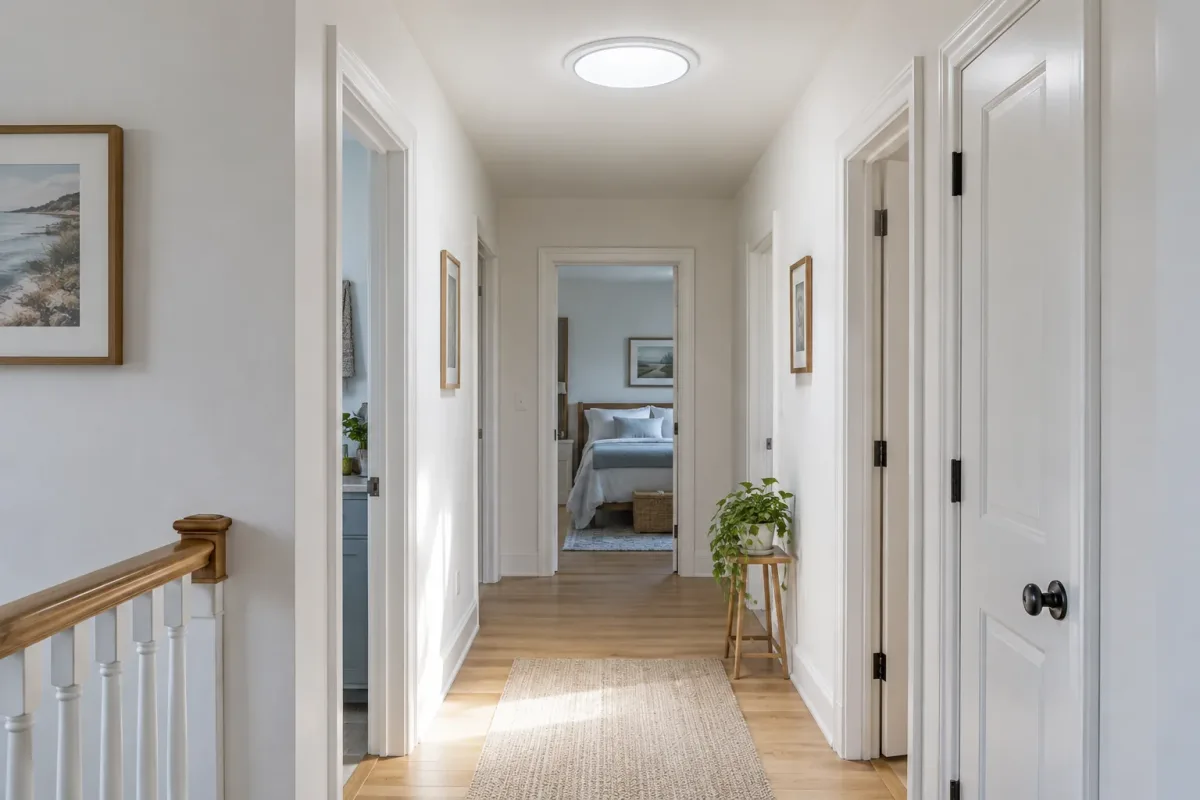 Hallway illuminated by a tubular sun tunnel diffuser